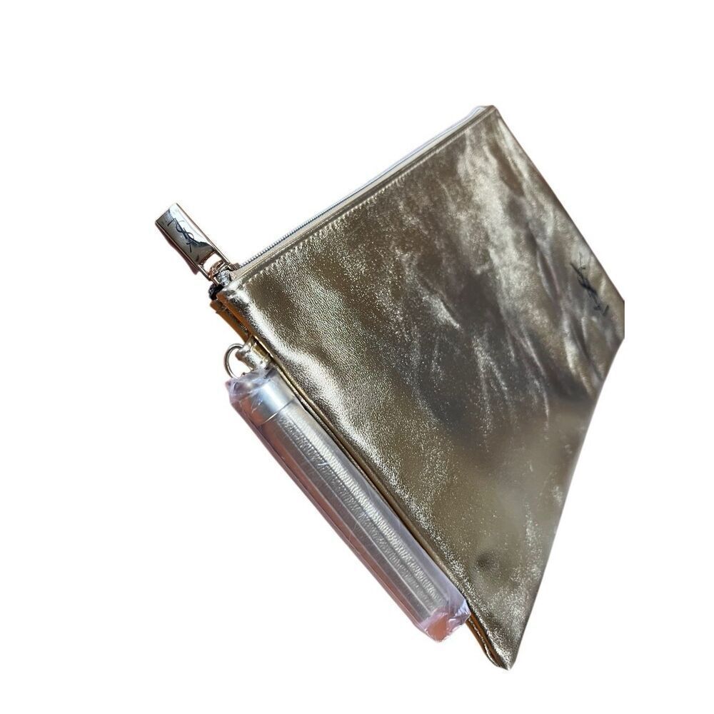 YSL YVES SAINT LAURENT BEAUTE FLAT POUCH GOLD MAKE UP COSMETICS BAG CLUTCH PURSE - Picture 8 of 9